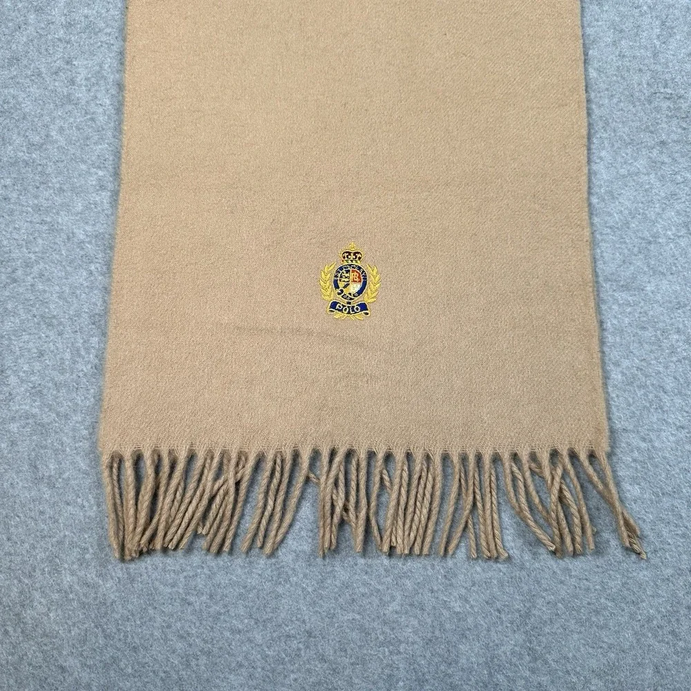 Polo Ralph Lauren 100% Cashmere Camel Scarf Crest Logo Made Germany 54x12 VTG‎